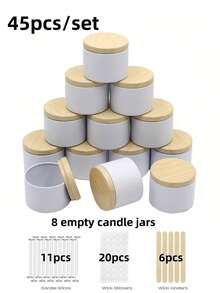 45 Stücke Pack DIY Kerzenherstellungs-Set, 8 weiße Kerzendosen mit Deckeln + Dochte/Dochtaufkleber/Dochthalter für Anfänger - Gerades Rohr - Übersicht 8