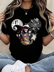 Disney Crew Neck  T Shirt Black Nightmare Before Christmas Characters And Spider Web Design For Halloween Party - 黑色 - 查看 2