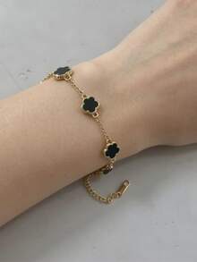 1pc Black Oil Drip Luxury Elegant 5-Petal Flower Bracelet, Suitable For Women's Daily Wear - Oil-dripping Minimalist 5-leaf Clover - View 1