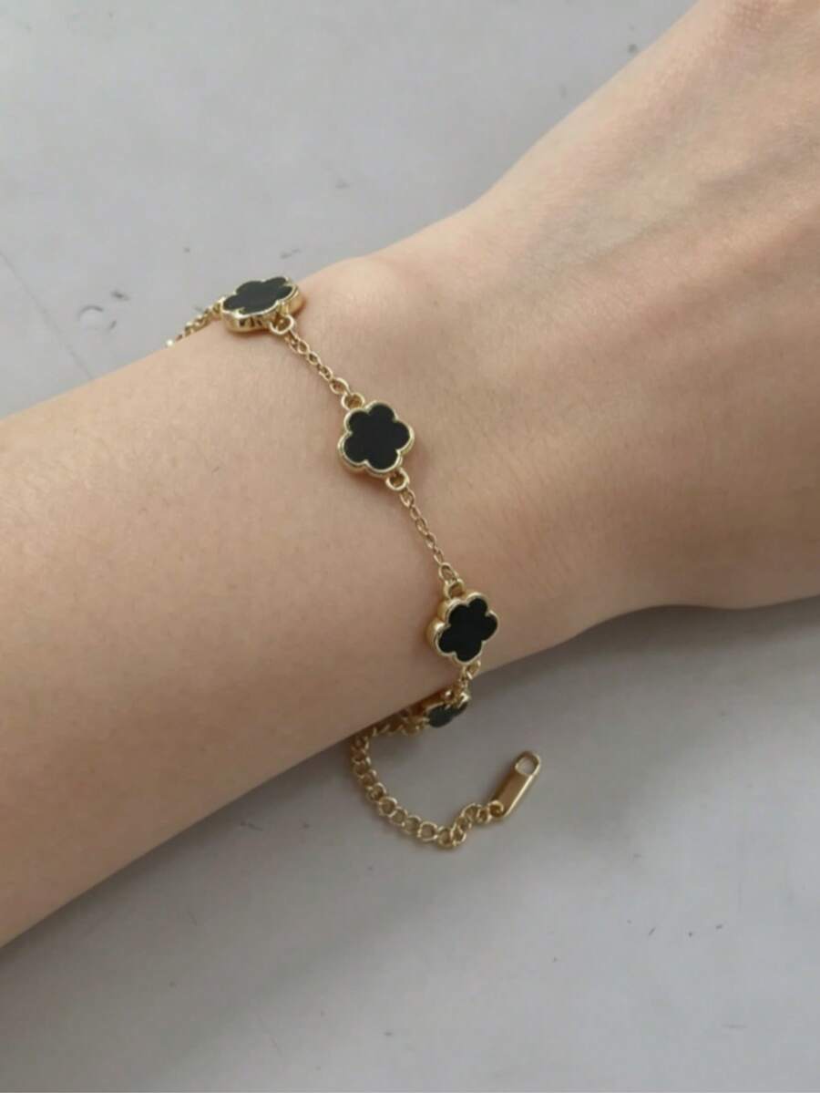 1pc Black Oil Drip Luxury Elegant 5-Petal Flower Bracelet, Suitable For Women's Daily Wear - Oil-dripping Minimalist 5-leaf Clover - View 1