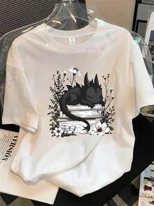 Mangas cortas de cuello redondo para mujer, los gatos negros duermen en una pila de libros, mangas cortas estampadas, aptas para todas las estaciones - Blanco - Ver 1