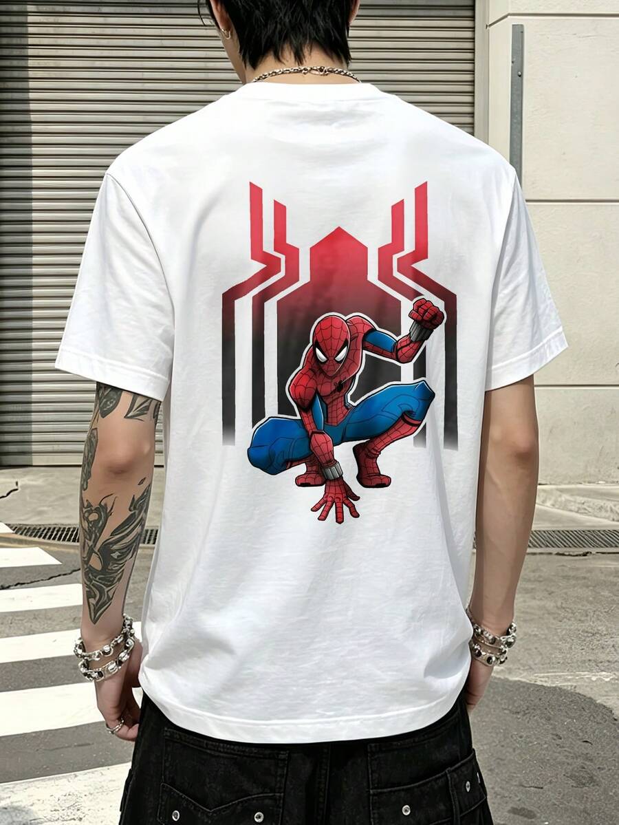 Marvel Spider-Man Red Web Design Graphic T-Shirt 100% Cotton Men's Clothing T-Shirts For Men Men's Summer Outfits Marvel Series Gift Ideas For Men Streetwear - 白色 - 查看 1