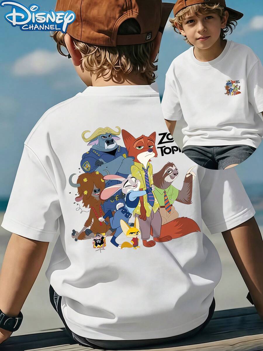Disney 1 Piece Boys Casual Zootopia All Characters 2 Side Print Graphic Short Sleeve T Shirt Teen Boy Clothes Boys Clothes Shirts Baby Tee For Daily Summer - 白色 - 查看 1