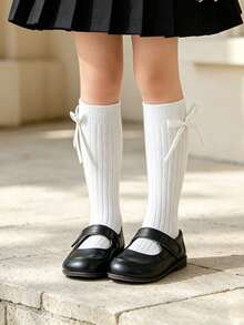 5 Pairs Girls' Long Bow Solid Color Ribbed Mid-Calf Socks, Sweet Cute Lady Princess Style Calf Socks, Student Socks, Suitable For Girls' Daily Wear - Multicolor - View 5