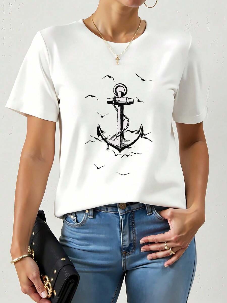 ropa de mujer  Tops de verano  Regalos navideños  Una linda camiseta de verano con estampado de ancla, una camiseta informal de manga corta para deportes de primavera y verano, Nuevas llegadas para mujer  Atuendos festivos  Día de la Madre  camisas de mujer - Blanco - Ver 1