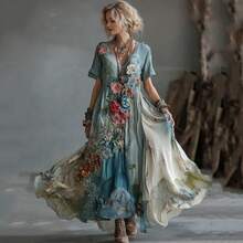 Boho Floral Embroidered Maxi Dress - V-Neck Lace Trim Short Sleeve Tiered Skirt, Perfect For Cottagecore & Garden Events, Romantic Vintage Style,Women's Dress, Women's Jumpsuit - SJWVLDX-K-3 - 查看 1