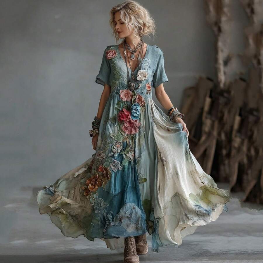 Boho Floral Embroidered Maxi Dress - V-Neck Lace Trim Short Sleeve Tiered Skirt, Perfect For Cottagecore & Garden Events, Romantic Vintage Style,Women's Dress, Women's Jumpsuit - SJWVLDX-K-3 - 查看 1