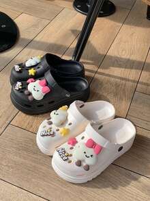 ASOFTER Summer New Cute Casual Style Women's Khaki Clogs, Cartoon Rabbit Decor Closed-Toe Thick Sole Sandals, Suitable For Cherry Blossom Season, Graduation Season, Valentine's Day - Black - View 7
