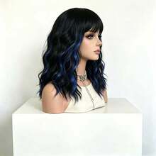 14" Brown Ombre Short Curly Bob Wig With Bangs For Women - Matte Heat-Resistant Fiber | Breathable Rose Net | Women Christmas Holiday Daily Wear - 挑染藍色 - 查看 4