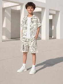 Boys' Casual Circuit Board Print Short Sleeve Shirt And Shorts Set, Spring/Summer - Beige - View 8