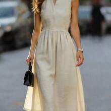 LunaCass8  Vestido de longitud media sin mangas elegante, estilo minimalista para atuendo de vacaciones de verano, vestido con cuello gris-beige, nuevo vestido sin mangas de unicolor para primavera/verano para mujeres - Albaricoque - Ver 1