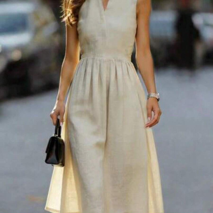 LunaCass8 Vestido de longitud media sin mangas elegante, estilo minimalista para atuendo de vacaciones de verano, vestido con cuello gris-beige, nuevo vestido sin mangas de unicolor para primavera/verano para mujeres - Albaricoque - Ver 1