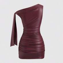 Nana's Women's Clothing Store  Nuevo vestido mini de verano de ajuste ceñido con cuello asimétrico, cintura fruncida y detalles de volantes laterales, en tela elástica con revestimiento de color vino tinto, adecuado para club, fiesta, cóctel y uso diario - Negro01 - Ver 3
