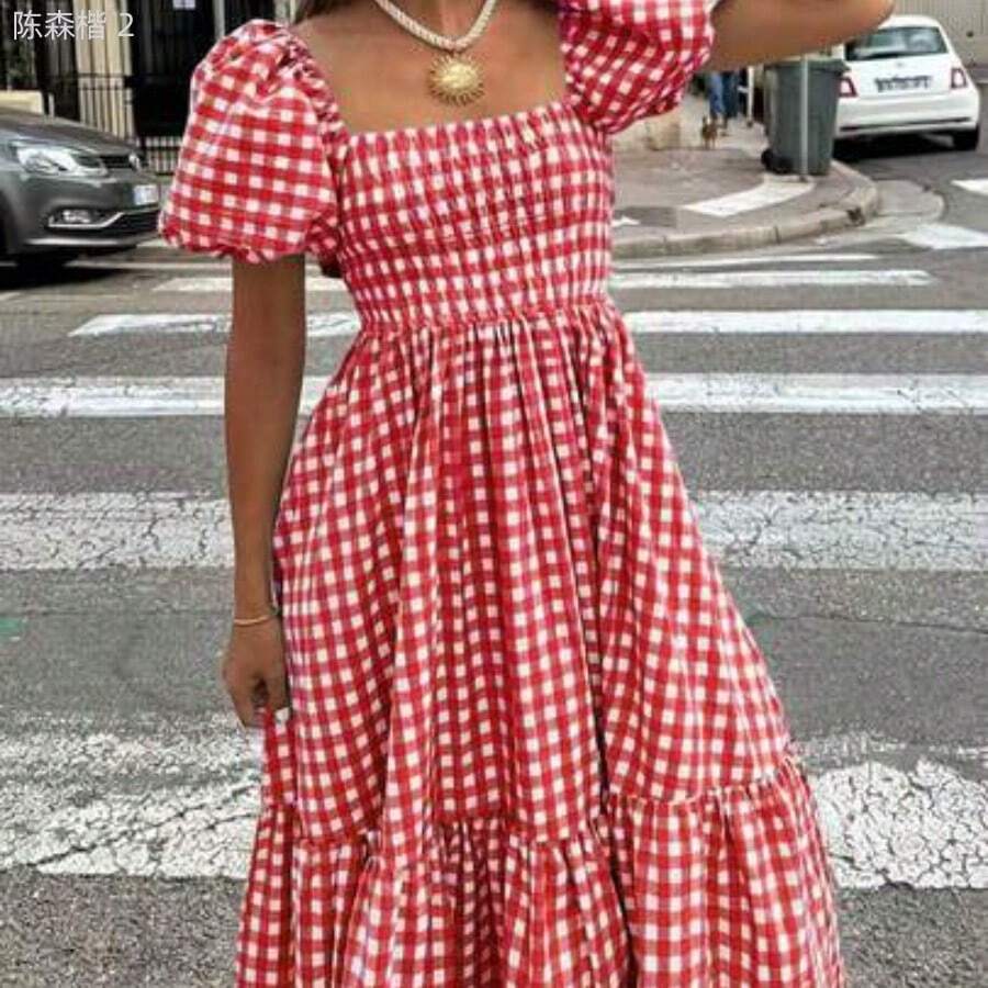 xuehuamaoyi02 Vestido casual elegante bohemio de mujer a cuadros para primavera/verano 2026 con cintura ceñida, mangas abullonadas, volantes en el bajo, verde lavado, adecuado para conciertos, calle, oficina, fiesta, cumpleaños - Rojo - Ver 1
