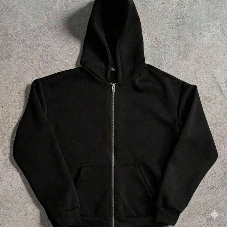 Manfinity Streetrush Black Hoodie, Men's Street Style, Popular INS Style, Basic With Double Pockets And Double Zipper, Thermal Lining, Casual, Gift For Boyfriend/Husband, Birthday Gift, Autumn/Winter - 黑色 - 查看 1