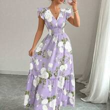 Vestido de vacaciones con cuello en V, manga corta y estampado floral romántico para mujer - Verde Niebla - Ver 7