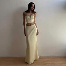 Women's Summer 2Pcs Outfits Bow Front Cami Tops With Low Rise Long Skirt Set Party Clothes - Yellow - View 1