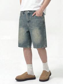 Men's Loose Casual Denim Shorts With Pockets, Versatile Summer Denim Shorts - Mustard Yellow - View 4