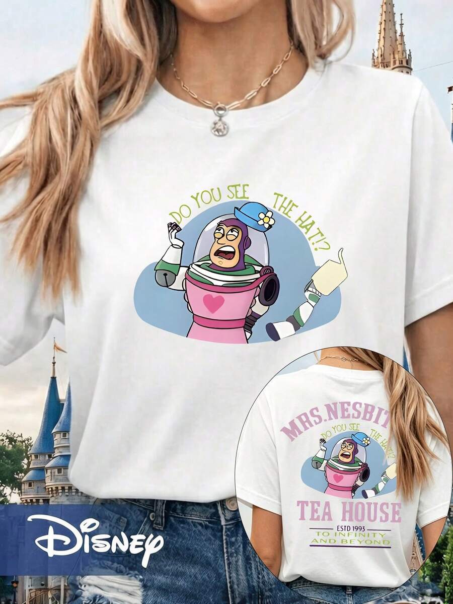 Disney Official Licensed Toy Story Buzz Lightyear "Mrs. Nesbit" Print T-Shirt For Women, Double-Sided Graphic Tee, 100% Cotton Casual Top - 白色 - 查看 1