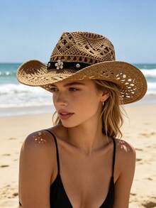 1 chiếc mũ cao bồi miền Tây unisex đính đá quý, mũ rơm in họa tiết rỗng, mũ đi biển chống nắng mùa xuân/hè, mũ chống nắng thường ngày (Sau khi nhận sản phẩm, nếu vành mũ bị biến dạng, cần phải tự điều chỉnh lại). - MZ3056+ML20 - Xem 12