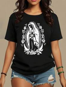 Women's 100% Cotton 180g T-Shirt, Featuring An Image Of The Virgin Of Guadalupe Surrounded By Flowers Symbolizing Faith, Hope, And Love, With An Aura Of Light And Devotion. Soft And Comfortable 100% Cotton T-Shirt For Women. - 黑色 - 查看 1