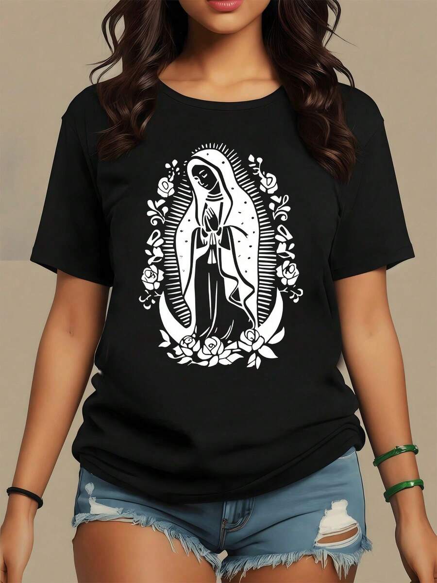 Women's 100% Cotton 180g T-Shirt, Featuring An Image Of The Virgin Of Guadalupe Surrounded By Flowers Symbolizing Faith, Hope, And Love, With An Aura Of Light And Devotion. Soft And Comfortable 100% Cotton T-Shirt For Women. - 黑色 - 查看 1
