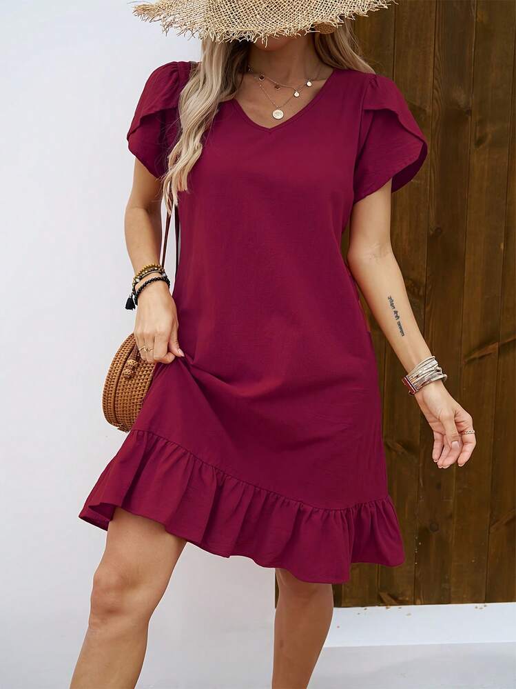 Women's Dress With V-Neck, Shell Sleeves And Ruffles - Blue - View 11