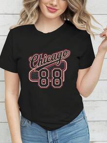 Camiseta Casual de Mujer con Estampado "Chicago 88", Cuello Redondo, Color Naranja nuevo estilo, casual. - Negro - Ver 3