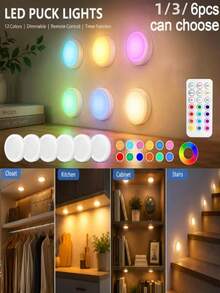 LED Round Light With Remote Control, 13 Color Modes Under Cabinet Wireless, Battery Powered Stick-On Dimmable Push Light For Closet/Shelf/Wall (1/3/6 Pack) - Multicolor - View 1