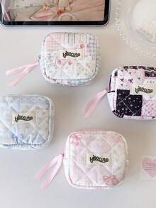 1Pc Kawaii Quilted Mini Storage Pouch With Lace-Up, Floral Bow Print Cosmetic & Sanitary Pad Bag, Portable Travel Organizer For Small Items - Multicolor - View 8