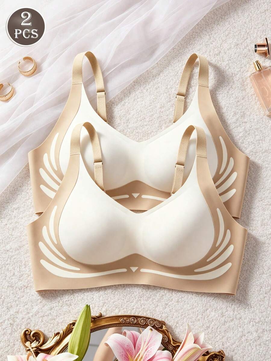 2件装轻盈支撑文胸,女士无缝舒适柔软文胸,塑形文胸,性感内衣文胸,适合丰满女性,提拉侧支撑,可调节,防下垂。 - 白色 - 查看 1