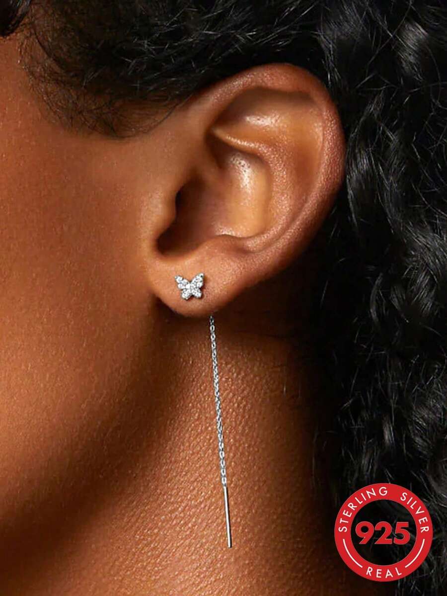1 đôi Bông tai hình bướm & tua rua đính đá Cubic Zirconia thời trang dát bạc 925 thích hợp cho phụ nữ đeo hàng ngày trong kỳ nghỉ
