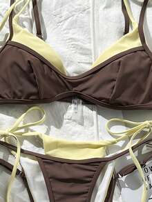 Women's Retro Polka Dot And Striped Bikini Swimsuit, Casual And Fashionable For Vacation, Music Festivals, Cup Races, Kentucky Derby, Summer Beach. - 黃色咖啡色 - 查看 6