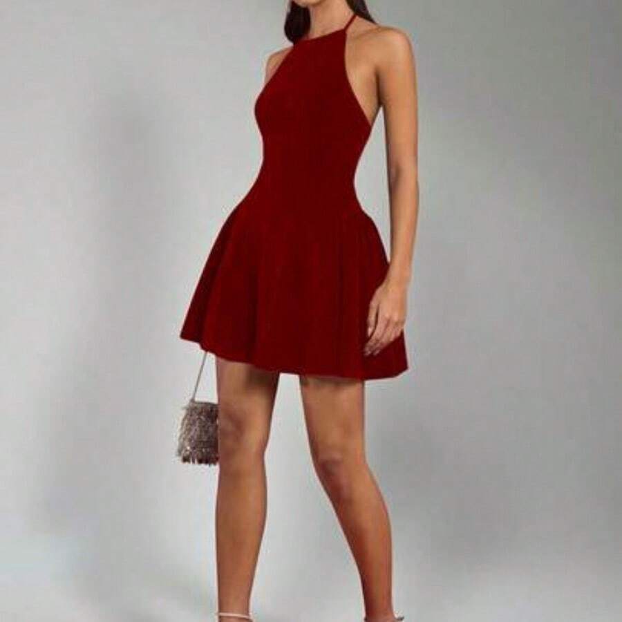 guangzhougaolangshangmao  Charm Vestido sin mangas elegante y minimalista de color rosa tejido con pliegues en los lados, adecuado para banquetes y fiestas de té - Rojo - Ver 1