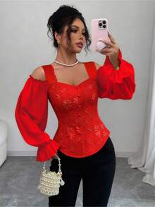 Fashionable Open-Style Design With Long Floral Jacquard Sleeves And Adjustable Shoulder Straps - 杏 - 查看 9