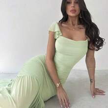 Vestido ajustado de mujer con volantes, cintura anudada y malla verde elegante, adecuado para fiestas, vacaciones, festivales de música, temporada de bodas, brunch, Día de San Patricio, vestidos largos bohemios para mujeres, Fairycore, atuendos de vacaciones, vestidos de graduación, atuendos de playa, atuendos de aeropuerto AG - Verde - Ver 4