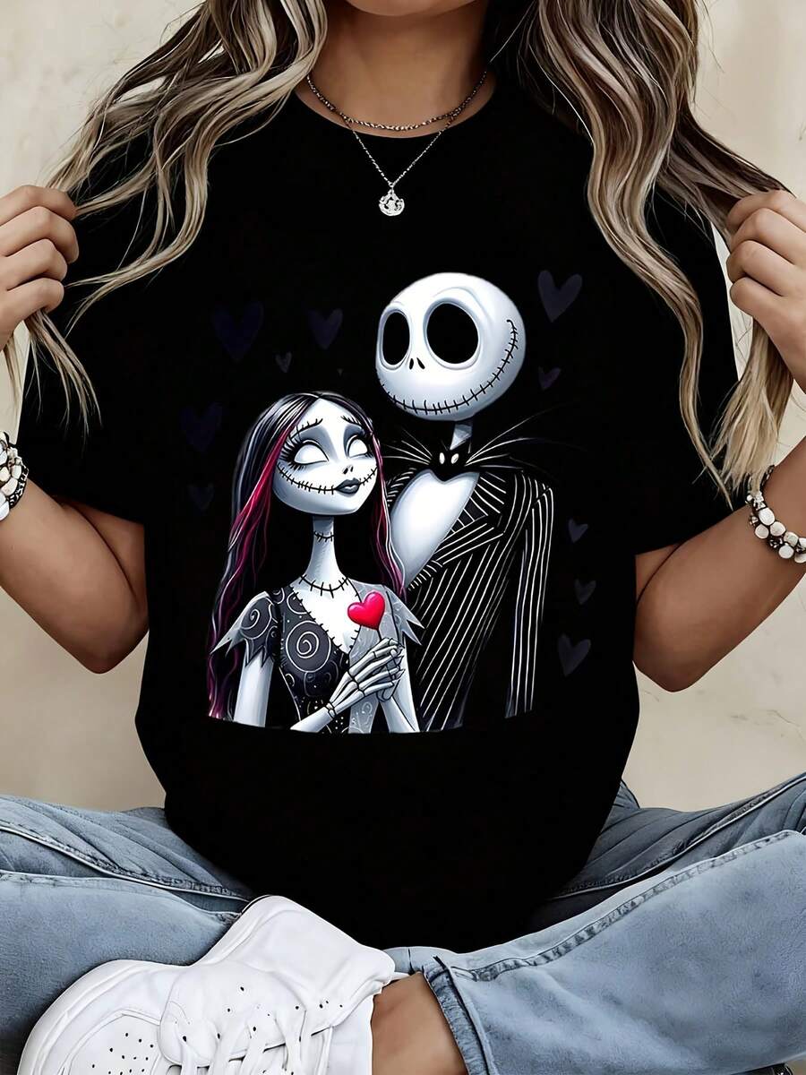 Disney Crew Neck T Shirt Black Jack Skellington And Sally Couple Print For Casual Wear - 黑色 - 查看 1