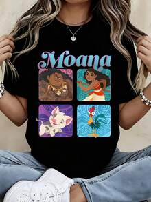 Disney Moana  T Shirt Black Moana Characters And Text Design For Casual Wear - 黑色 - 查看 2
