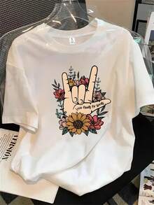 Camiseta de manga corta con cuello redondo para mujer, con símbolos de la paz y flores, estampado en las mangas cortas, apta para todas las estaciones. - Blanco - Ver 1