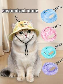 1pc Customizable Name Tie-Dye Gradient Pet Bucket Hat, Ear-Exposed Design Anti-Choke Style For Cats And Dogs, Adjustable Drawstring Sun Protection Hat, Suitable For Outdoor Wear, Summer Pet Outfit Accessory, Daily Photo Prop - Multicolor - View 1