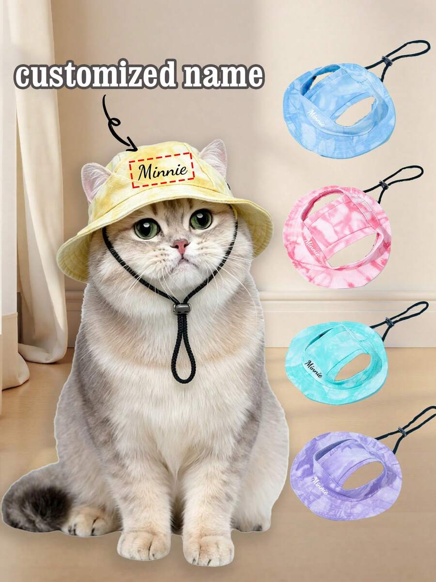 1pc Customizable Name Tie-Dye Gradient Pet Bucket Hat, Ear-Exposed Design Anti-Choke Style For Cats And Dogs, Adjustable Drawstring Sun Protection Hat, Suitable For Outdoor Wear, Summer Pet Outfit Accessory, Daily Photo Prop - Multicolor - View 1