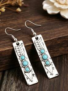 1 Pair Vintage Bohemian Long Arrow Inlaid Synthetic Turquoise Alloy Dangle Earrings - Antique Silver - View 5