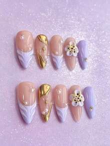 10pcs Date Essential Soft Skin Nude Pink Lavender French Gold Swirl Pearl 3D Flower Bright Color Versatile Press-On Nails - 紫丁香色 - 查看 11