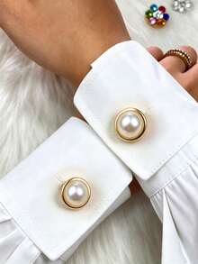 2 Peças Abotoaduras Redondas de Liga Leve Luxo com Pérola Falsa para Mulheres, Coberturas de Botão de Broche para Senhoras, Ideal para Looks Diários e de Festa, Presentes para Amigas - 2 rodadas - Visão 3