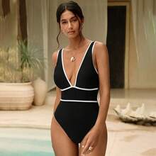 Traje de baño de una pieza y elegante para mujer con escote en V profundo y espalda en U, en blanco y negro, mejor vendido para el verano, conjunto de traje de baño y vacaciones en la playa - Negro - Ver 6