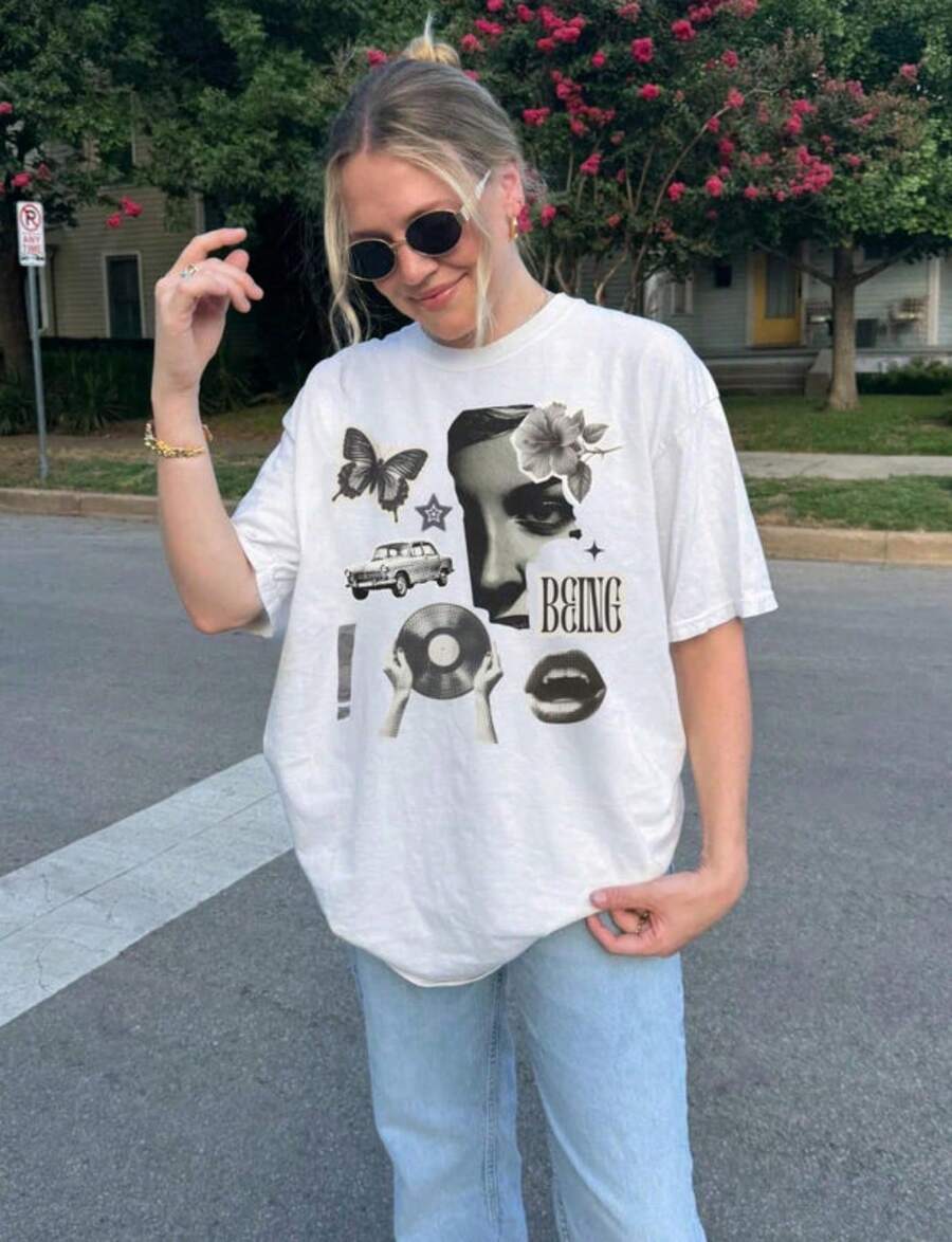 Dreamy Collage T-Shirt, Soft Grunge Style, Oversized Vintage Y2K Tee, Urban Girl Outfit, Surreal Dress, Messy Style, Alt Clog, Uni.JPG220G Heavyweight Cotton T-Shirt For Men And - 白色 9 - 查看 1