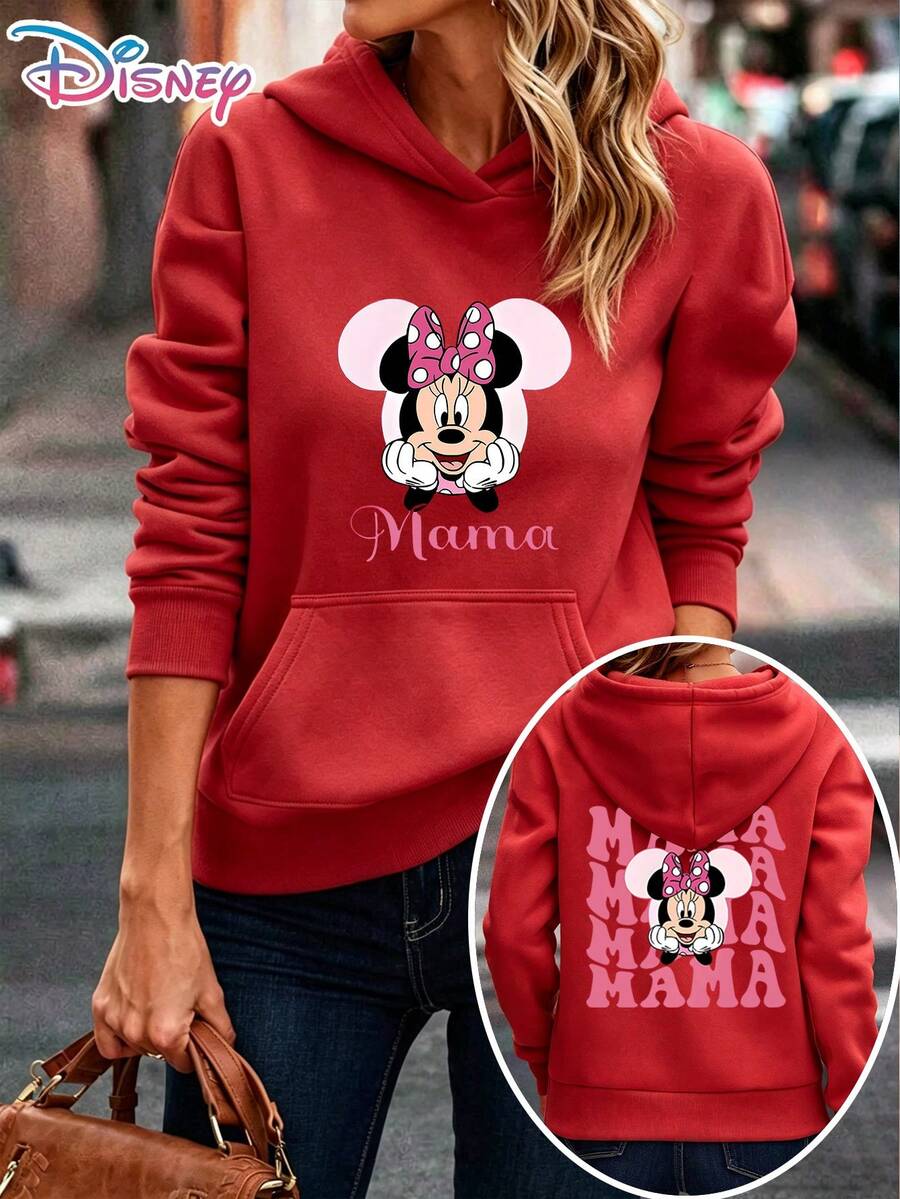 Disney Minnie Mouse Mama Repeated Girly Themed Pullover Hoodie Women's Casual Daily Wear Long Sleeve Soft Comfortable Mother's Day Family Style Outfit It Is A Gift For Fans And Friends, And It Is Also A Perfect Gift Choice For Lovers And Family. - 紅色 - 查看 1