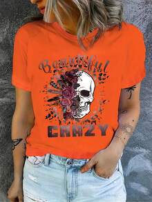T-Shirt mit Totenkopf- und Buchstabendruck, lässiges Kurzarm-T-Shirt mit Rundhalsausschnitt, Damenbekleidung - Schwarz - Übersicht 9