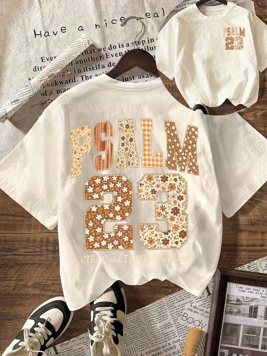 Plus Size Women Summer Womens Casual Round Neck Short Sleeve T-Shirt With Psalm 23 "The Lord Is My Shepherd" Bible Verse Graphic, Vintage Faith - Apricot - View 1