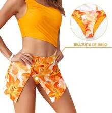 Trajes de Baño para Mujer Completos Bañador con Un Hombro Cintura al Descubierto con Falda para Playa - Amarillo - Ver 2